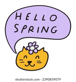 Hello spring. Happy cute cat face with flower. Handwriting phrase. Speech bubble. Hand drawing vector illustration on white background. Great for greeting cards, stickers, banners.