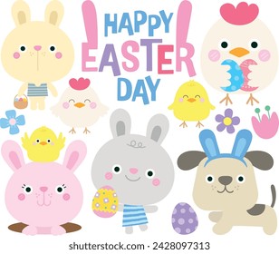 hello spring happy Easter Day cute rabbit dog and chick play eggs hunt easter holiday activity