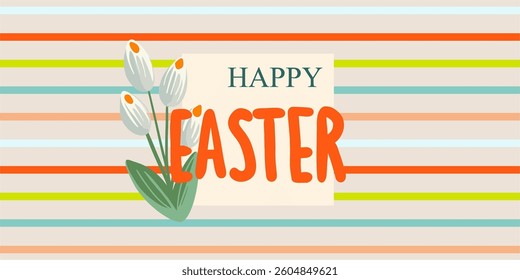 Hello spring, happy Easter! Seamless pattern in flat cute style. Cute digital illustration for posters, wrapping paper, textile, wallpaper with handmade text
