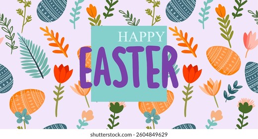 Hello spring, happy Easter! Seamless pattern in flat cute style. Cute digital illustration for posters, wrapping paper, textile, wallpaper with handmade text