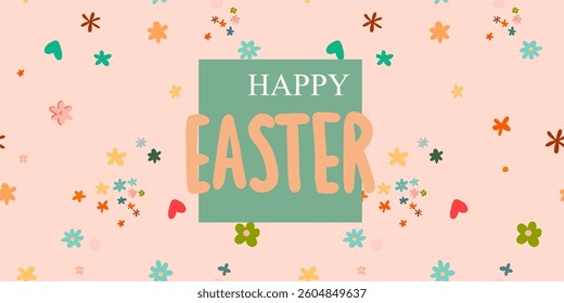 Hello spring, happy Easter! Seamless pattern in flat cute style. Cute digital illustration for posters, wrapping paper, textile, wallpaper with handmade text