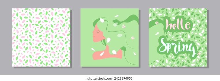 Hola Spring. Feliz Día de la Mujer. Plantillas de arte cuadrado abstracto de moda. Adecuado para publicaciones en redes sociales, aplicaciones móviles, diseño de banners y publicidad en línea. Vector verde y rosa fondos de moda. 