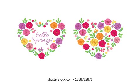 Hello spring. Hearts of colorful flowers. Floral elements for March 8, Valentine's Day, Mother's Day, birthday, wedding invitations. Vector illustration.
