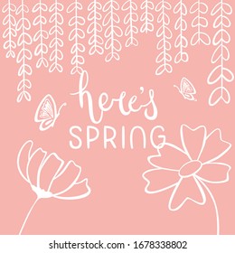Hello Spring Here's Spring Vector Background Wallpaper Illustration Flower Vine Butterfly Silhouette Handlettering Flower Blossom