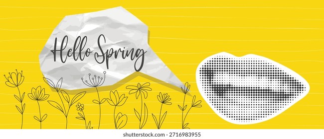 Hola Anuncio Horizontal de primavera en estilo collage. Mujeres alabando y saludando el texto en el cuadro de diálogo. Plantilla moderna con medios tonos y Elementos de scrapbooking, gráficos de Vector