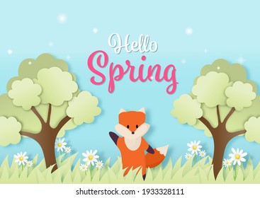 Hello Spring horizontal banner with cute fox paper cut concept. 