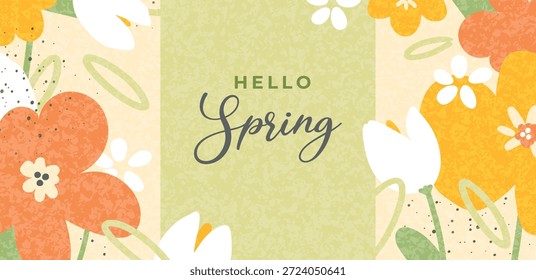 hello spring horizontal banner, green textured background with spring flowers, wallpaper, seasonal cover, template, vector illustration
