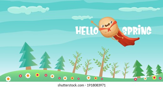 Hello Spring Horizontal Banner Or Greeting Card With Cute Super Hero Potato With Red Hero Cape On Green Summer Forest Landscape Background. Super Vegetable Kawaii Food Funky Character