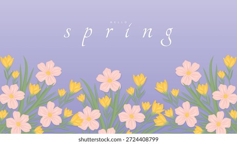 Hola Anuncio Horizontal de primavera con flores rosas y amarillas sobre fondo púrpura con espacio de copia.