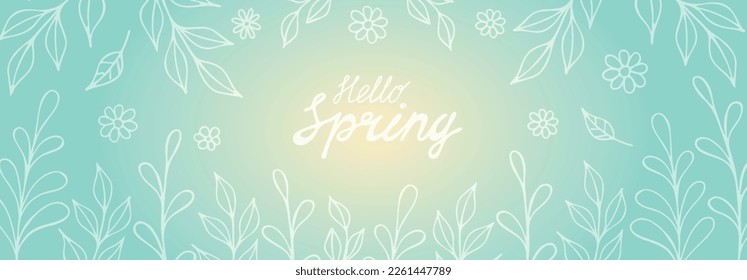 Hello Spring horizontal banner template. Hand drawn vector illustration of white contour leaves and flowers on light blue gradient background with lettering.