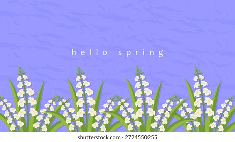 Hello primavera banner horizontal com lírio branco das flores do vale em fundo texturizado roxo.