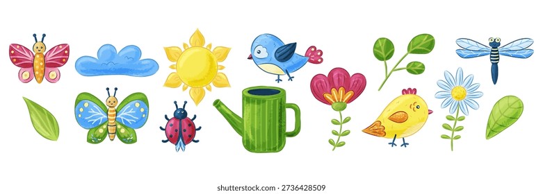 Hello Spring horizontal illustration set. Cute hand drawn birds and flowers. Textured Vector illustration on white background. Imitation watercolor.