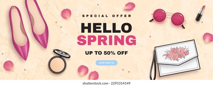 Hello spring horizontal sale banner with realistic realistic 3d elegant red shoes, handbag, lipstick, powder and rose petals. Woman accessories and cosmetics composition. Vector illustration
