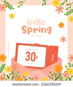 hello spring,
illustration about special discount coupon 