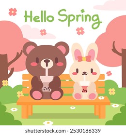 Hello Spring Illustration. Adorable Spring Scene. Bunny and Bear with Bubble Tea on a Park Bench.