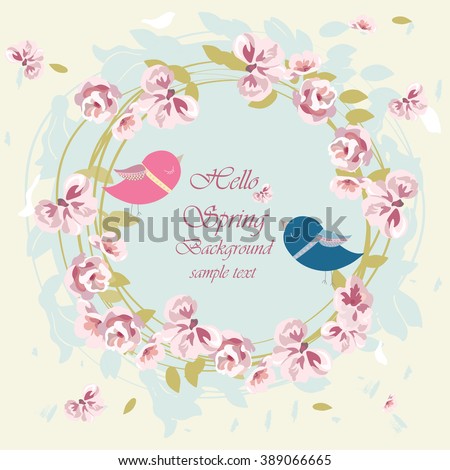 Hello Spring illustration. Beautiful wreath card with rose and orchid flowers and pigeons. Rose quartz and Serenity color. Vector