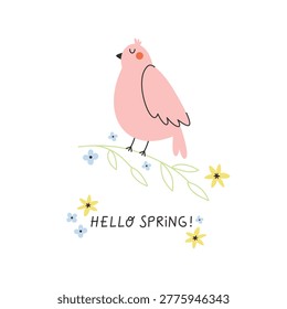 Hello spring illustration with bird and flowers