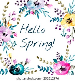 Hello Spring illustration. Bright romantic card in vector can be used as invitation card for wedding, birthday and other holiday and cute summer background. 