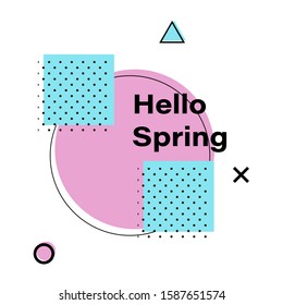 Hello spring illustration card in light pink, light green and white background with black dots. Sales banner, greeting card design. Vector EPS 10.