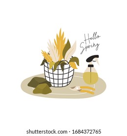 Hello spring illustration. Composition with gardening tools isolated on white background. Bundle of equipment for plant cultivation or transplantation, work in garden. Flat cartoon vector illustration
