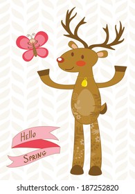 Hello spring. Illustration of cute deer and butterfly