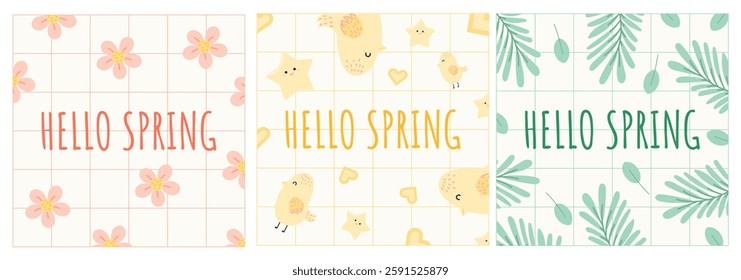 Hello Spring Illustration with Flowers, Chicks, and Leaves