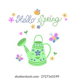 Hello Spring Illustration, Spring Gardening Vector Art, Cute Green Watering Can, Flowers, Bees, Butterflies and Hello Spring Text