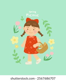 Hello spring illustration with a girl and flowers