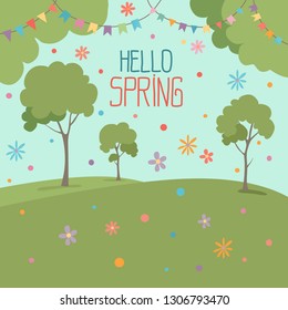 Hello spring illustration greeting card, nature scenery with colorful flowers tree blue sky, flat design style, city park outdoor vector