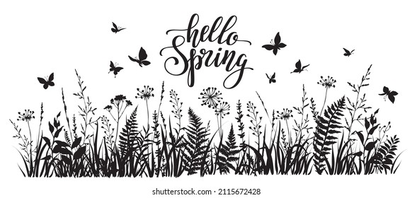 Hello spring illustration with meadow herbs and flying butterflies. Flowering spring field . Vector illustration. 