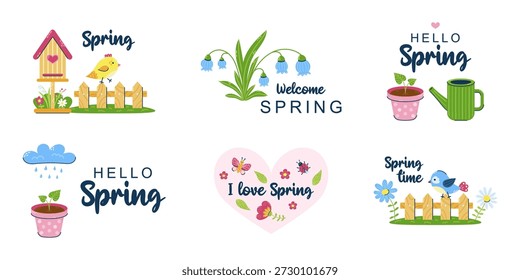 Hola conjunto de ilustración de primavera. 6 tarjetas simples con pájaros y flores. Linda Ilustración vectorial dibujada a mano sobre fondo blanco.