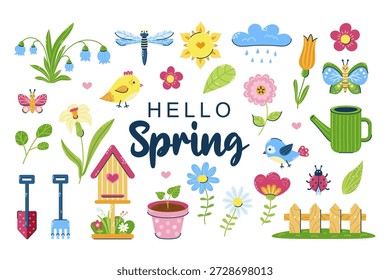 Olá conjunto de ilustrações primavera. Pássaros e flores desenhados à mão bonitos. Ilustração vetorial sobre fundo branco.