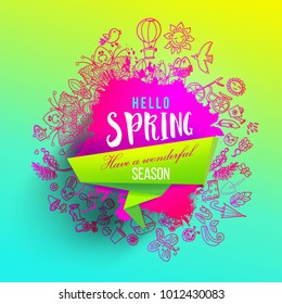 Hello Spring ink splash background with hand drawn doodles. For banners, posters, flyers, greeting cards, spring sales. Creative sketch design for season advertising with text. Vector illustration