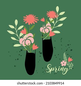 hello spring inscription. boots and flowers spring design hand made