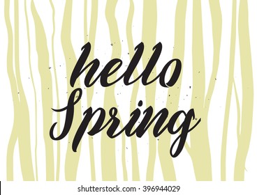 Hello spring inscription. Greeting card with calligraphy. Hand drawn lettering design. Photo overlay. Typography for banner, poster or apparel design. Isolated vector element.