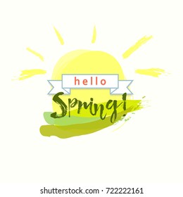 hello spring inscription on yellow sun background