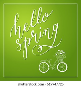 
Hello spring inscription typography set. Calligraphy postcard or poster element of graphic design. The hand of the card is written in style.