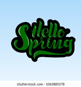 Hello, spring inscription. Vector illustration on blue sky background