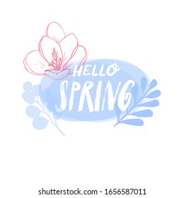 Hello spring inspirational banner with blue watercolor background and hand drawn branches, pink crocus flower.