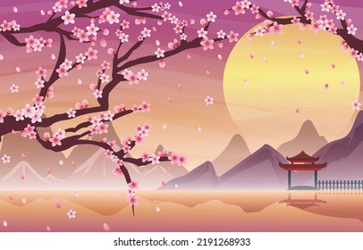 Hello! Spring Japan landscape background vector illustration. Cherry Blossoms branch with Mountain Fuji