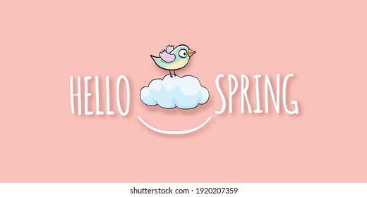 Hello spring label with spring birds and flowers on a soft pastel pink background. Hello spring simple cut paper style illustration design template