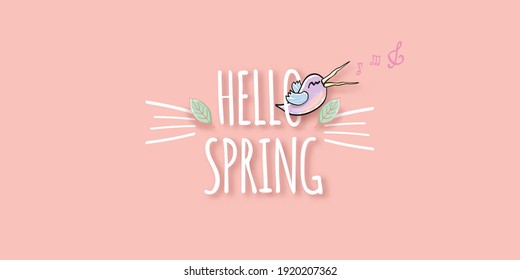 Hello spring label with spring birds and flowers on a soft pastel pink background. Hello spring simple cut paper style illustration design template