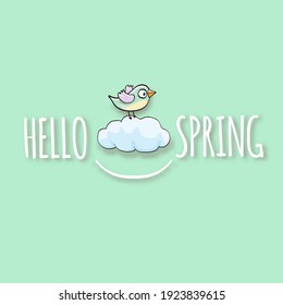 Hello spring label with spring birds and flowers on a mint green pastel  background. Hello spring simple cut paper style illustration design template