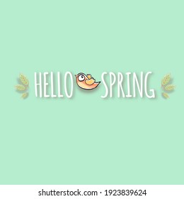 Hello spring label with spring birds and flowers on a mint green pastel  background. Hello spring simple cut paper style illustration design template