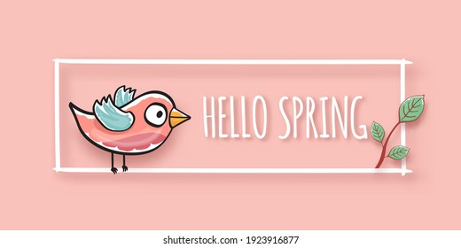 Hola etiqueta primaveral con aves primaverales y flores sobre un suave fondo rosa pastel. Plantilla de diseño de ilustraciones de estilo de papel de corte simple de primavera