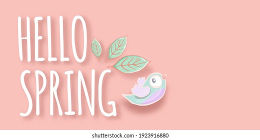 Hola etiqueta primaveral con aves primaverales y flores sobre un suave fondo rosa pastel. Plantilla de diseño de ilustraciones de estilo de papel de corte simple de primavera