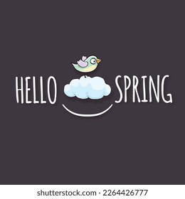 Hola etiqueta de primavera con aves primaverales y flores en un fondo gris. Plantilla de diseño de ilustraciones de estilo de papel de recorte simple de primavera