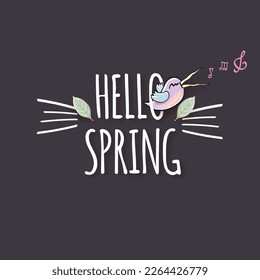 Hola etiqueta de primavera con aves primaverales y flores en un fondo gris. Plantilla de diseño de ilustraciones de estilo de papel de recorte simple de primavera