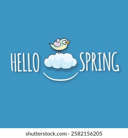 Hello spring label with spring birds and flowers on blue spring sky background. Hello spring simple clip art cut paper style illustration design template