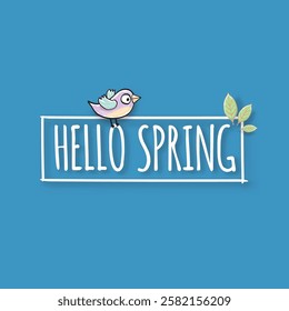 Hello spring label with spring birds and flowers on blue spring sky background. Hello spring simple clip art cut paper style illustration design template